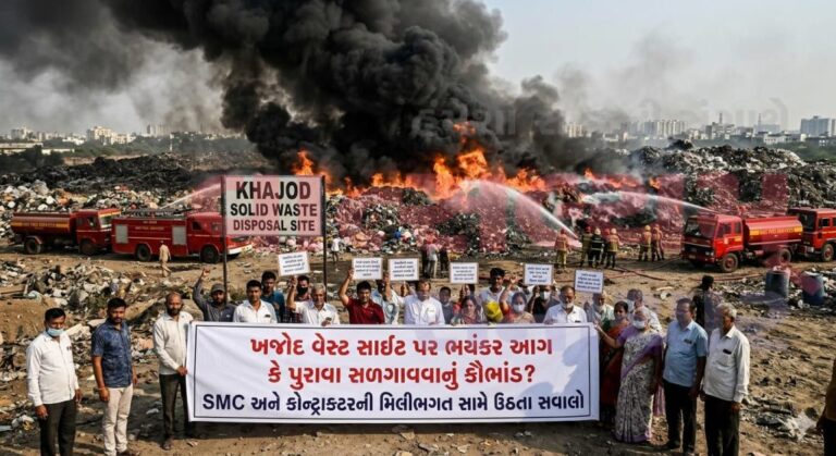 सूरत के खाजोद पश्चिम साइट पर भीषण आग, या फिर सबूत मिटाने की साज़िश? SMC और ठेकेदार की मिलीभगत पर उठे सवाल।