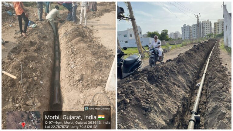 मोरबी नगर निगम सीमा के अंदर वाडी इलाके में ड्रेनेज लाइन और पानी की लाइन का काम चल रहा है।