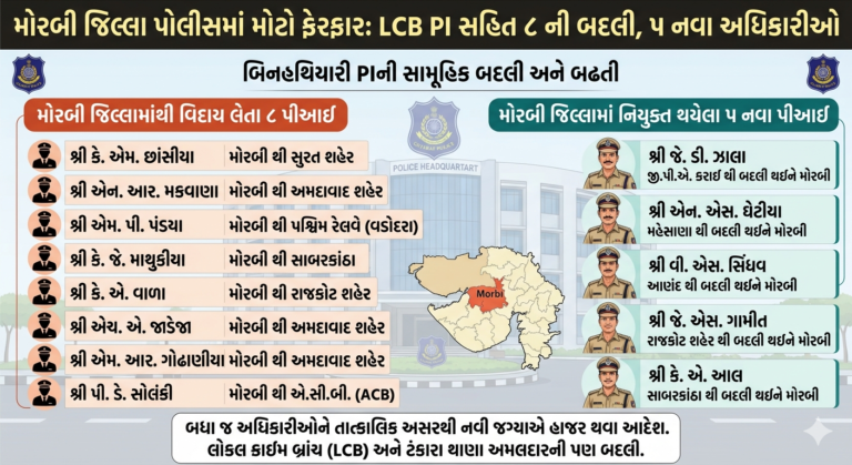 मोरबी पुलिस बल में बड़ा बदलाव: PI समेत 8 अधिकारियों का तबादला, 5 नए चेहरे शामिल