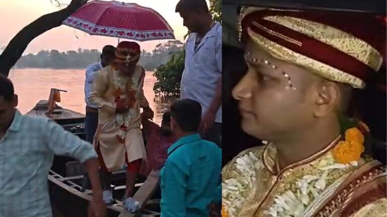 उत्साह हो तो ऐसा! दूल्हे ने बाढ़ के पानी को दिखाया ठेंगा, नाव में सवार होकर शादी करने पहुंचा, बारात भी थी साथ